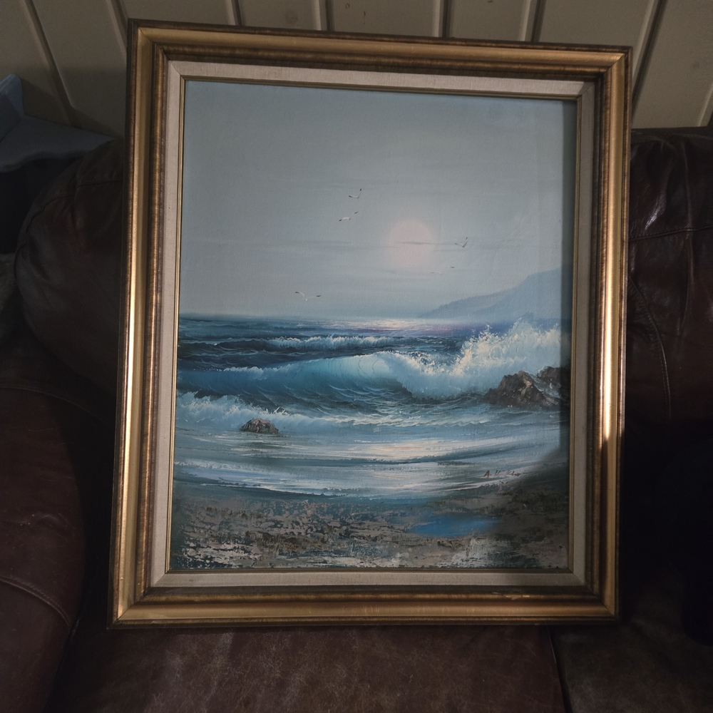 Coastal Serenity Blue Ocean Painting in Gold Frame